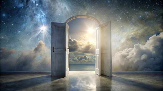 Photo of open door revealing a gateway to a starry sky with clouds and sunlight, symbolizing hope and new beginnings