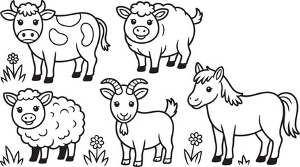 Farm Animals Line Art Vector Illustration Cow Sheep Goat Horse Outline Drawing Livestock Clip Art Set