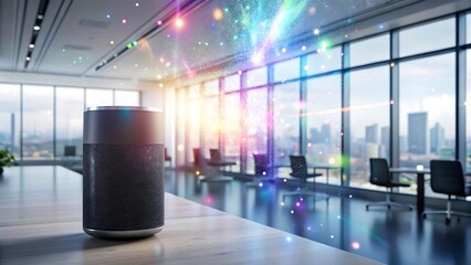 Photo of smart speaker emitting colorful light and energy in a modern office with a city view