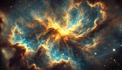 A stunning gold and blue cosmic nebula in deep space. The nebula is vast, with swirling clouds of golden and blue gases