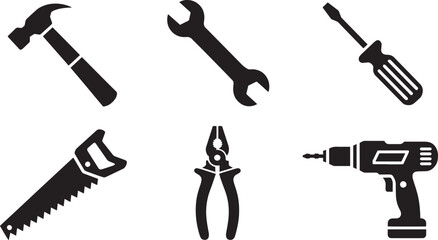 Hand Tools Assortment Hammer, Wrench, Screwdriver, Saw, Pliers, and Drill Vector Graphics