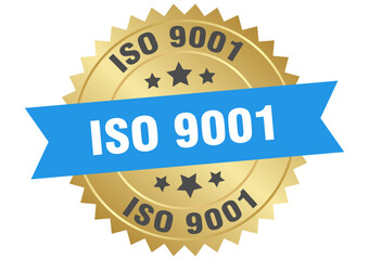 iso 9001. iso 9001 round blue and gold label isolated on transparent background