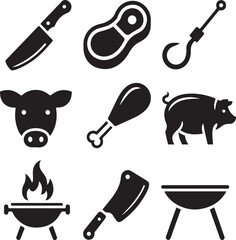 Butchery and Barbecue Silhouette Icons — Knife, Meat Cuts, Charcoal Grill, Fork, Fire, and Animal Protein Symbols