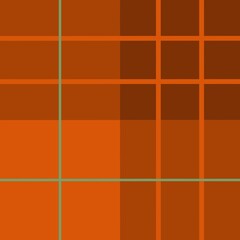 A geometric pattern composed of various shades of orange and brown is intersected by thin turquoise lines, forming a plaid-like grid. The repetitive squares and rectangles create a sense of balance.