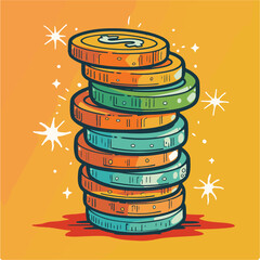 Colorful Stack of Coins with Dollar Sign Cartoon Style Illustration Finances and Economy Theme Artistic Rendition Whimsical Design