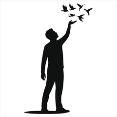 Silhouette of Man Releasing Birds into the Sky &ndash; Black and White Vector Symbolizing Freedom, Letting Go, Peace, Hope, Spiritual Release, New Beginnings, and Emotional Healing in Minimalist Style