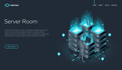 Server room with laptop in isometric vector design. Data center room with a system administrator. Network mainframe infrastructure website layout. Computer storage or farming workstation.