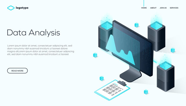 Data search and analysis in isometric vector design. Datacenter or data center room background. Network mainframe infrastructure website layout. Computer storage or farming workstation.
