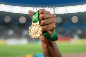 A gold medal with a cannabis leaf is held up in celebration at a sporting event