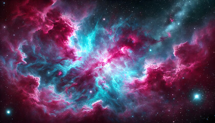 A beautiful magenta and sky blue cosmic nebula in deep space. The nebula is vast and filled with swirling clouds of magenta and sky blue gases, 