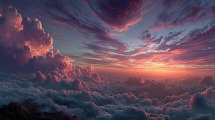 Panoramic view of a vibrant sunset over a landscape of clouds