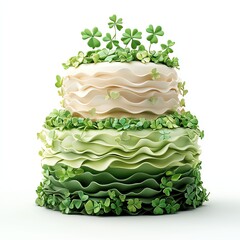 Elegant layered cake adorned with green clovers and floral decorations.
