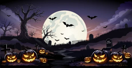 Fototapete Rund Aubergine Happy Halloween Banner, Halloween cemetery landscape with old house, pumpkins and tombstones, vector background. Halloween holiday trick or treat party banner with midnight moon and cemetery.  © Aomarch