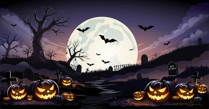 Happy Halloween Banner, Halloween cemetery landscape with old house, pumpkins and tombstones, vector background. Halloween holiday trick or treat party banner with midnight moon and cemetery.