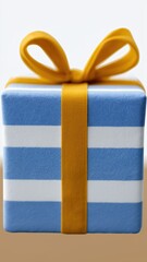 Blue and white striped gift box with yellow ribbon bow on top