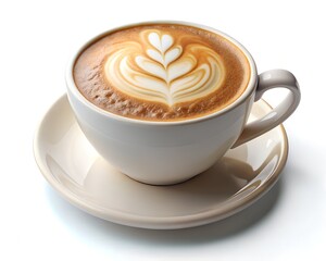 Studio shot of latte art in a beige cup and saucer; warm, inviting mood.