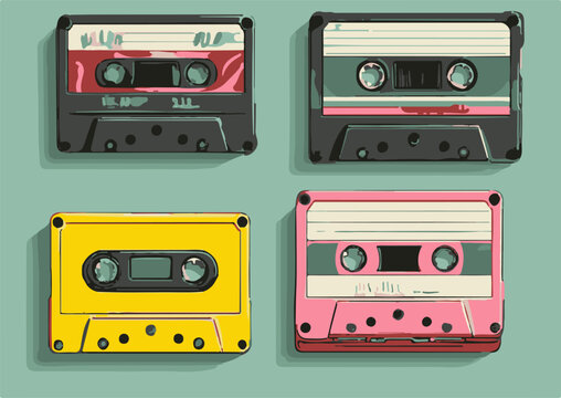 Vector illustration features four retro cassette tapes in a flat, pop-art style. Main colors: pink, red, and teal green. The colorful tapes evoke a nostalgic and vintage 80s-90s music theme.