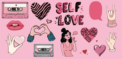 Vector illustration in a modern pop-art style features "self love" as a theme, with hand-drawn hearts, hands, lips, cassette tapes, and a stylish woman on a pink background. Main colors: pink, black.