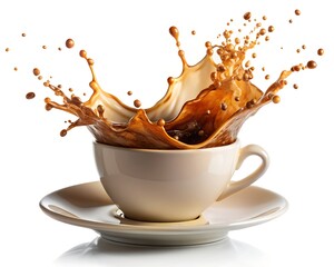 Dynamic Coffee Splash: Creamy Beige Cup, Saucer, Isolated White Background, Energetic, Refreshing