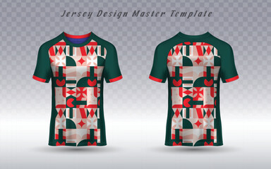 
Vector sports jersey mockup with a modern geometric mosaic pattern. Perfect for team uniform designs, sportswear branding, and e-commerce product display mockups.