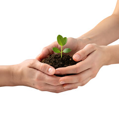 Hands Holding Green Plant with Soil Symbolizing Sustainability Isolated on White