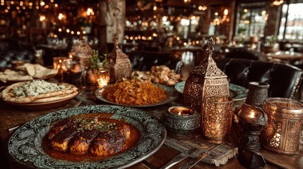 Festive dining table laden with various dishes and decorative lanterns