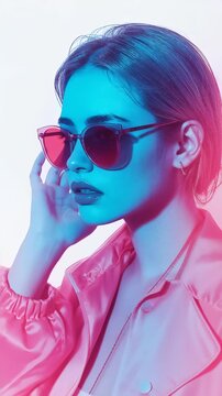 Portrait of a fashionable woman wearing sunglasses, illuminated by vibrant blue and pink neon lights. The image showcases a trendy and modern aesthetic with bold colors.