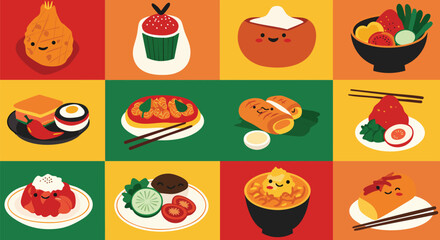 Flat Design Illustration Set of Various Delicious Food and Meals