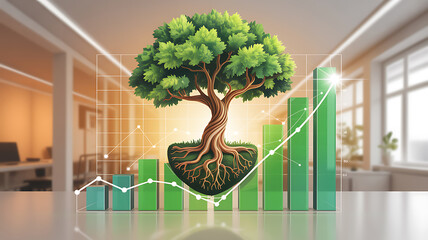 Small tree growing from stock market graph in background