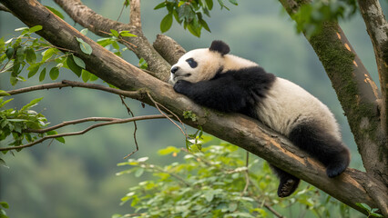 Obraz premium A giant panda rests on a tree branch surrounded by green leaves in the forest