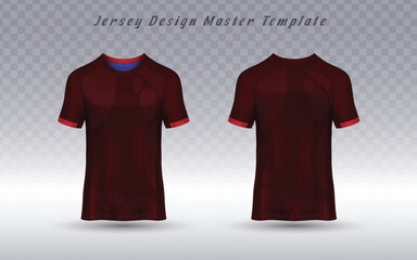 Sports jersey design template featuring a dark red, sublimated pattern on a professional apparel mockup. Ideal for team kits, athletic branding, and customizable sportswear.
