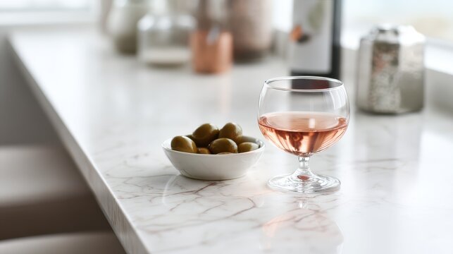 Glass of rose wine with green olives on modern kitchen countertop - Powered by Adobe