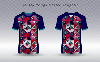 Abstract soccer jersey design template with a vibrant geometric pattern in a professional apparel mockup. This eye-catching vector is perfect for creating unique team kits, fashion sportswear