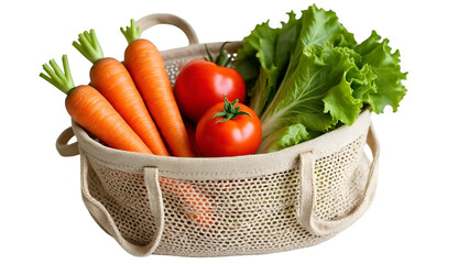 Reusable Cotton Mesh Bag with Fresh Vegetables Isolated on White for Zero Waste Concept