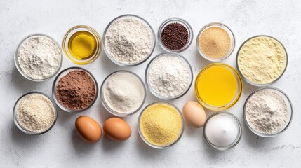 Various ingredients for baking arranged on white background