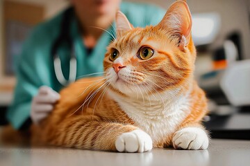 Veterinary check-up for a fluffy cat at a clinic with a caring professional