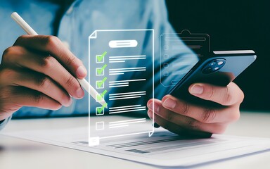 Person using stylus pen on digital checklist and smartphone for online survey hand mobile