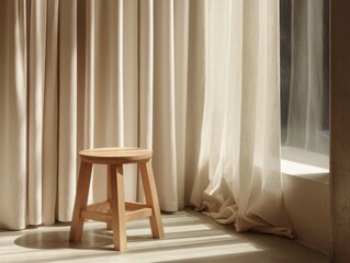 A wooden stool is sitting in front of a curtain. The curtain is white and the stool is brown