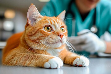 Veterinary check-up for a fluffy cat at a clinic with a caring professional