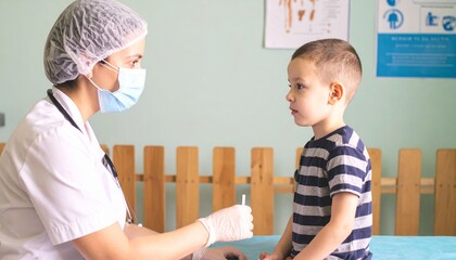 Doctor in mask examining child patient with swab in clinic for health test