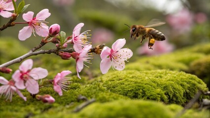 Honeybee in Flight Near Pink Blossoms and Green Moss