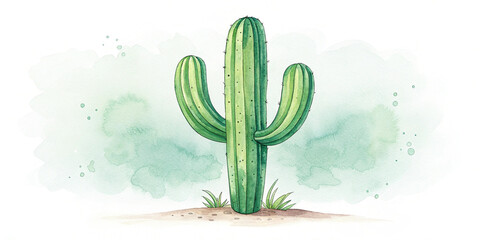 Green cactus watercolor clipart illustration with isolated background.