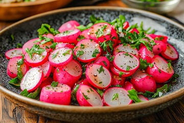 Radish Spring salad with herbs, fresh and delicious dressing from olive oil, pepper, salt and lemon juice and zest