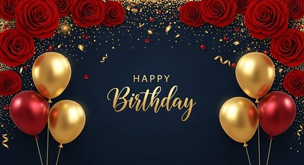 Happy Birthday Celebration with Red Roses and Gold Balloons