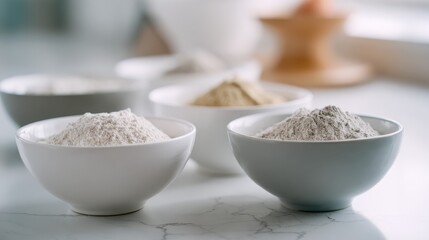 Various types of flour displayed in bowls for baking