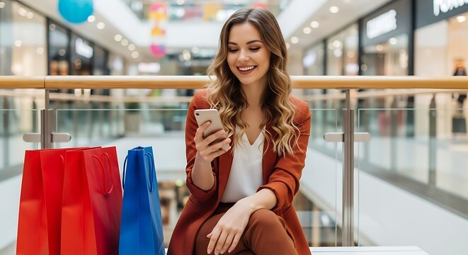 Young Woman Sitting in a Shopping Mall Looking at Her Phone with Shopping Bags