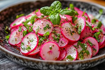 Radish Spring salad with herbs, fresh and delicious dressing from olive oil, pepper, salt and lemon juice and zest