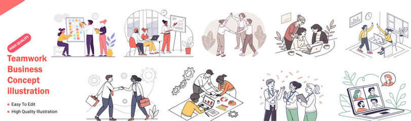 Diverse Teamwork and Collaboration Illustration Set Depicting Business Meetings Handshakes Celebrations and Virtual Communication for Success collection illustrations