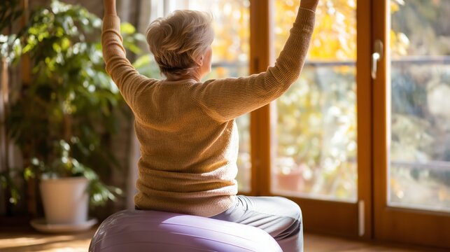 An elderly person exercises indoors on a fitness ball, arms raised