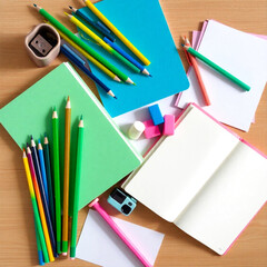 Assorted colorful stationery arranged in flat lay with bright tones for productivity and creativity  